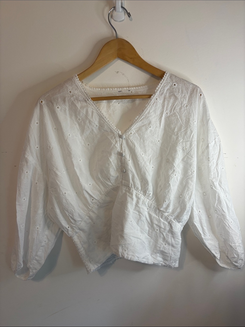 White Eyelet V-Neck Peasant Blouse